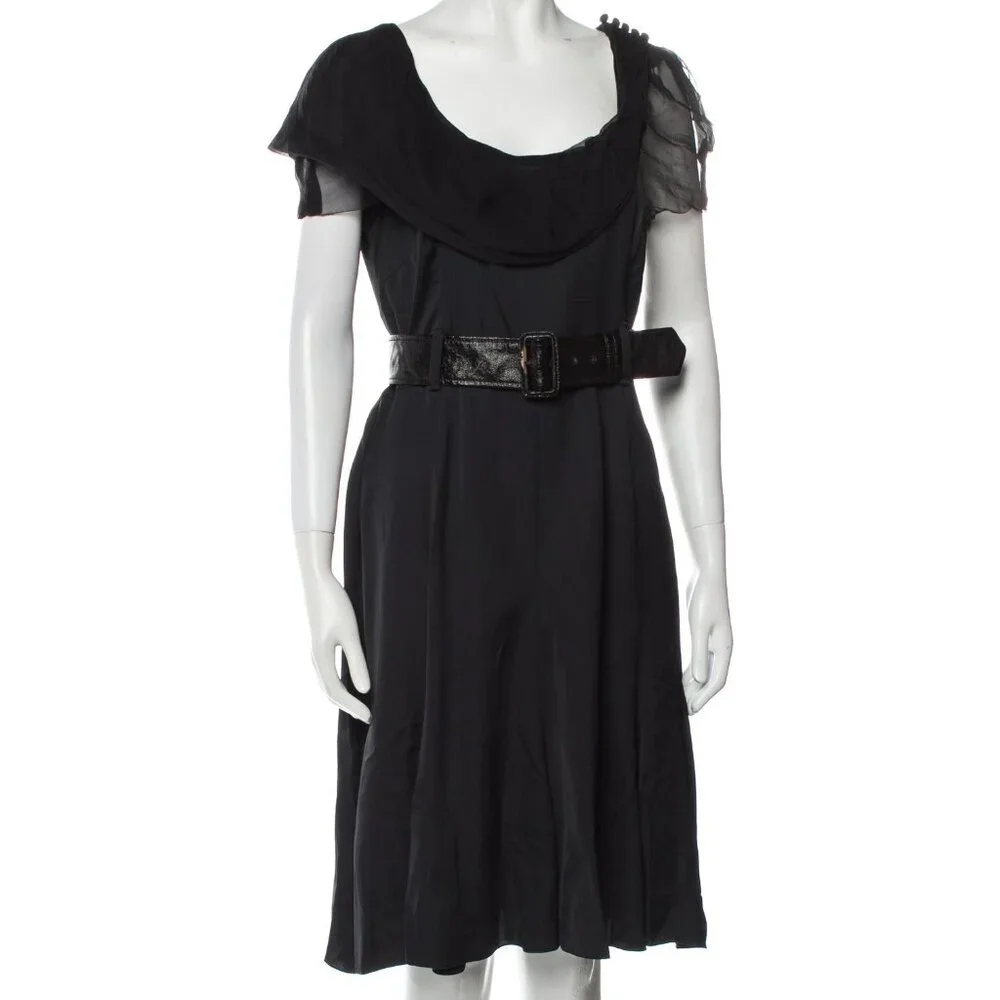 Vintage Prada Black Silk Knee-Length Dress 2008 S/S Size M US8 IT44 - Picture 1 of 3